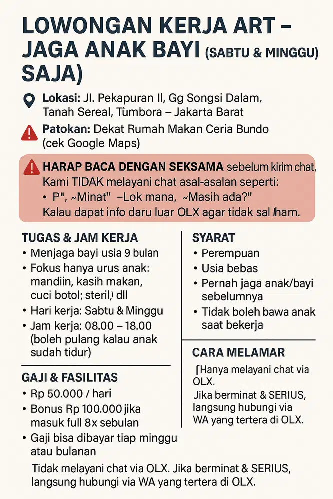 LOWONGAN KERJA ART – JAGA ANAK BAYI (SABTU & MINGGU SAJA)