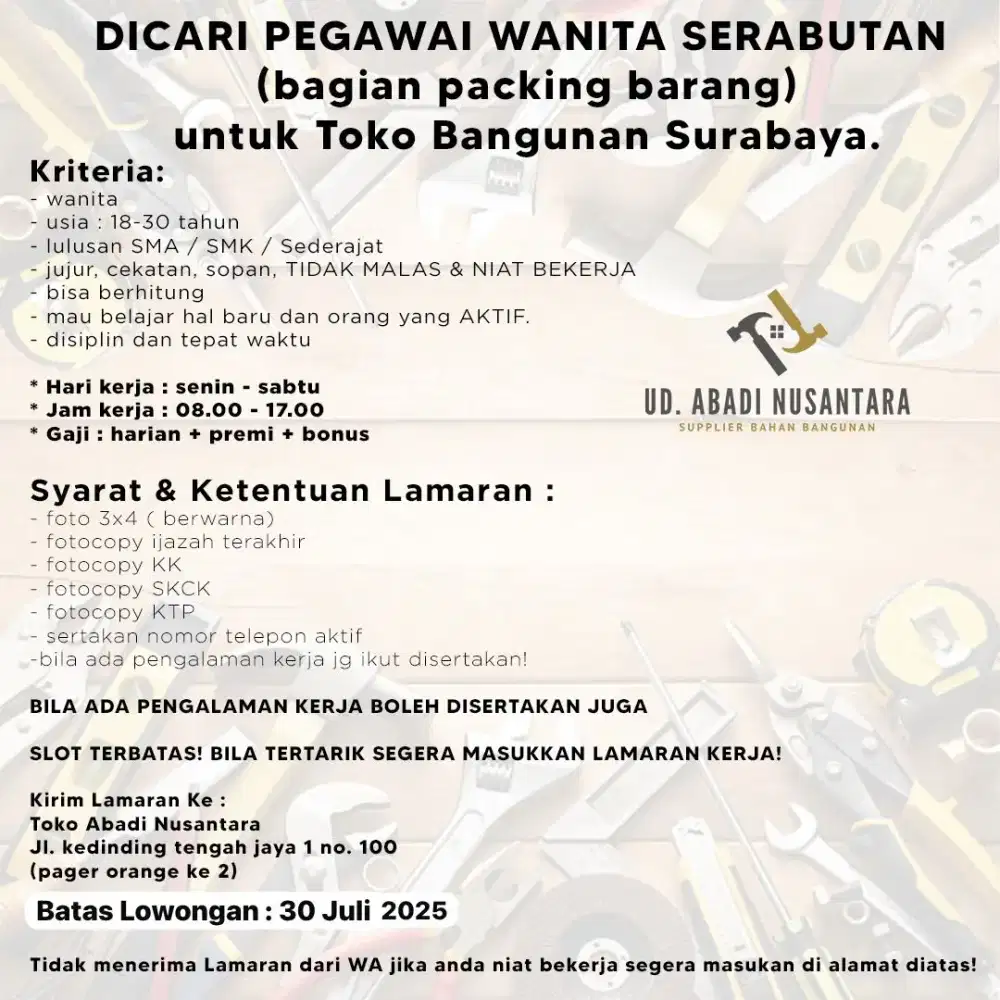 Dicari wanita serabutan untk packing barang toko bangunan surabaya
