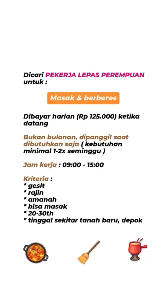 DICARI ASISTEN UNTUK MASAK DAN BEBERES
