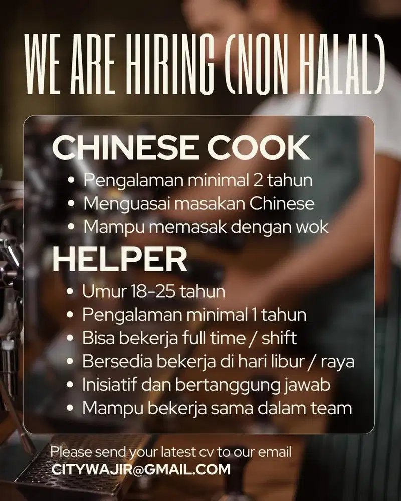 Dicari koki berpengalaman di chinese food
