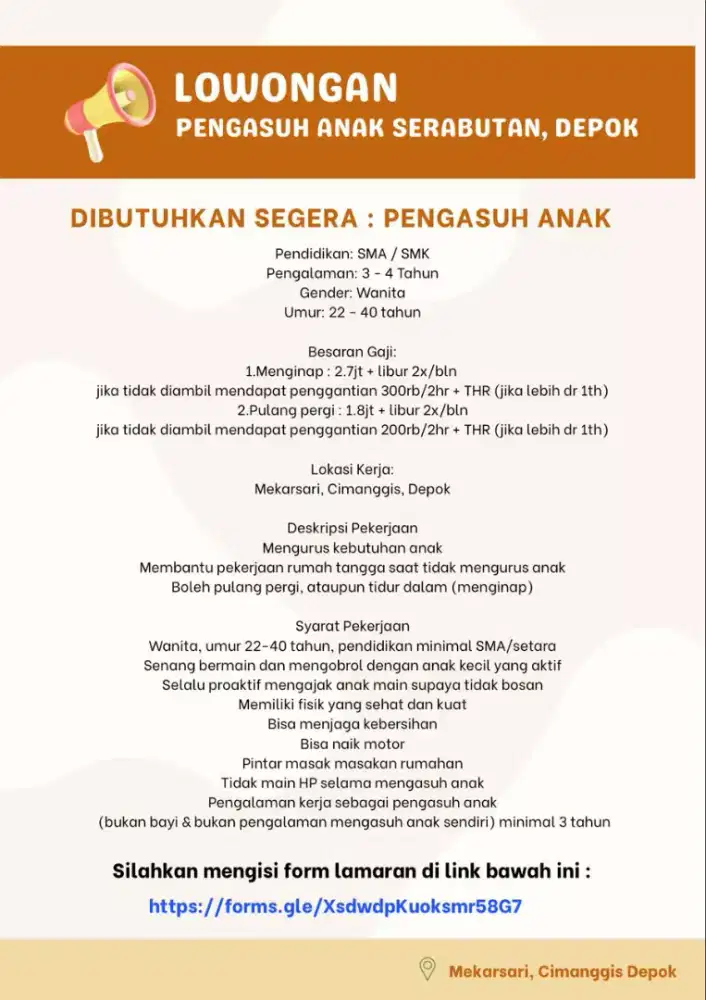 Lowongan Kerja Pengasuh Anak ART Serabutan Mekarsari Cimanggis Depok