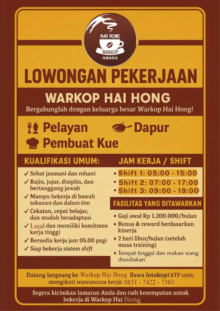 Dibutuhkan segera yang minat jadi pelayan, cook, dan barista