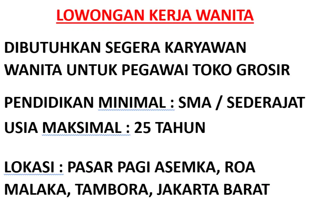LOWONGAN KERJA UNTUK WANITA SEBAGAI PEGAWAI TOKO GROSIR JAKARTA BARAT