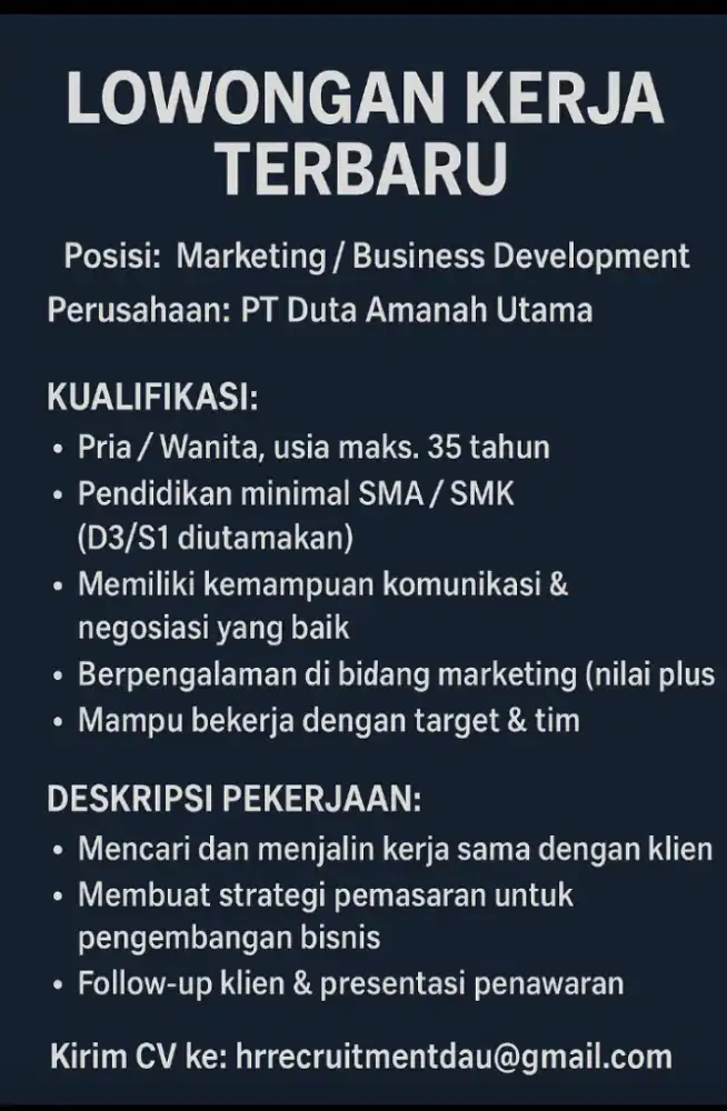 Dibutuhkan segera business development