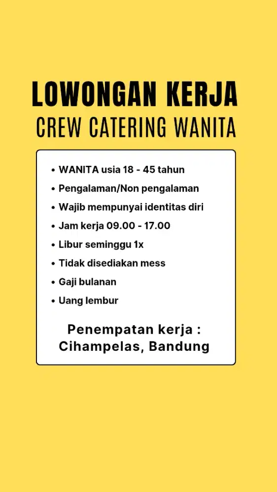 Lowongan Kerja  Staff Catering Untuk Wanita (Bandung)