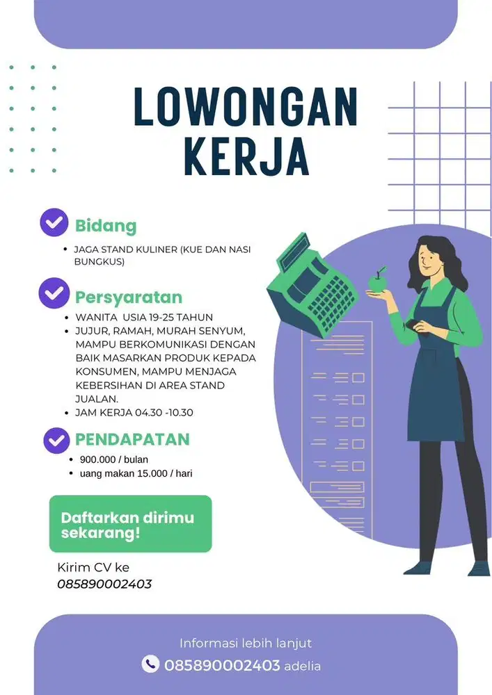 DiCari Wanita yang mau kerja jaga stand kue dan nasi