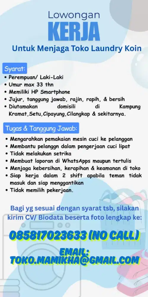 Dibutuhkan karyawan laundry