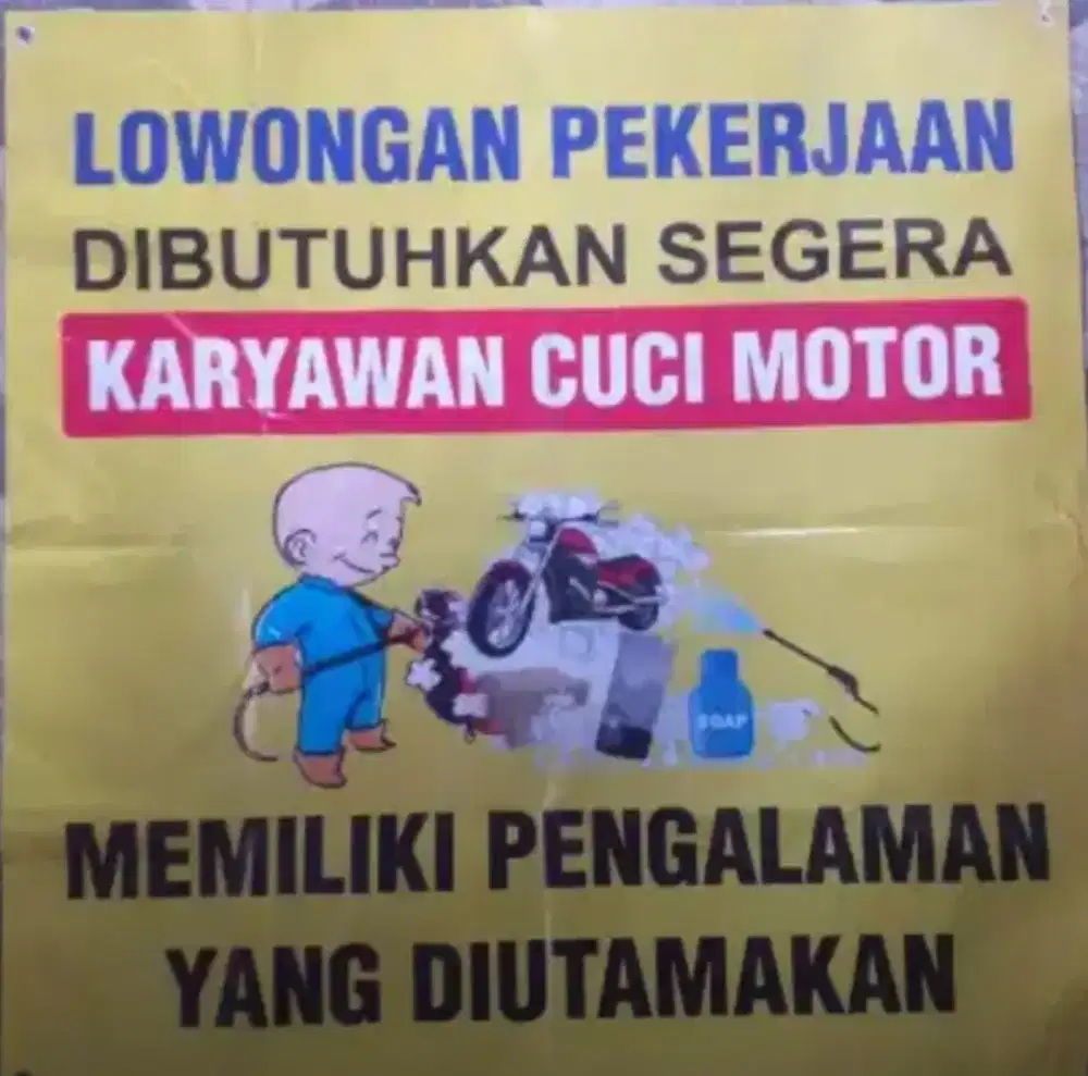 Dibutuhkan karyawan cuci motir & mobil yg sudah berpengalaman