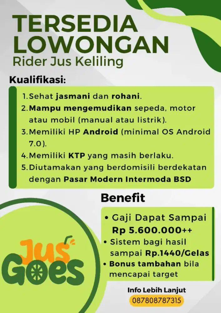 Lowongan kerja / info loker / Penjual Jus Keliling Bsd serpong tangsel