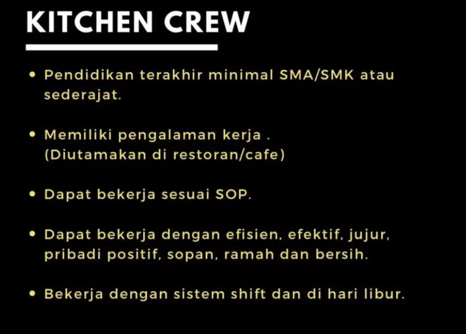 Lowongan untuk Kitchen Crew, juru masak