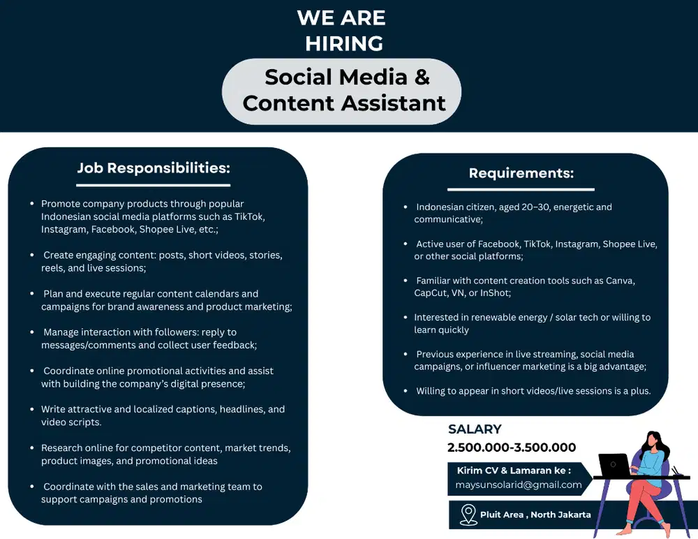 DIBUTUHKAN ! KARYAWAN SOCIAL MEDIA & CONTENT ASSISTENT (Solar Energy)