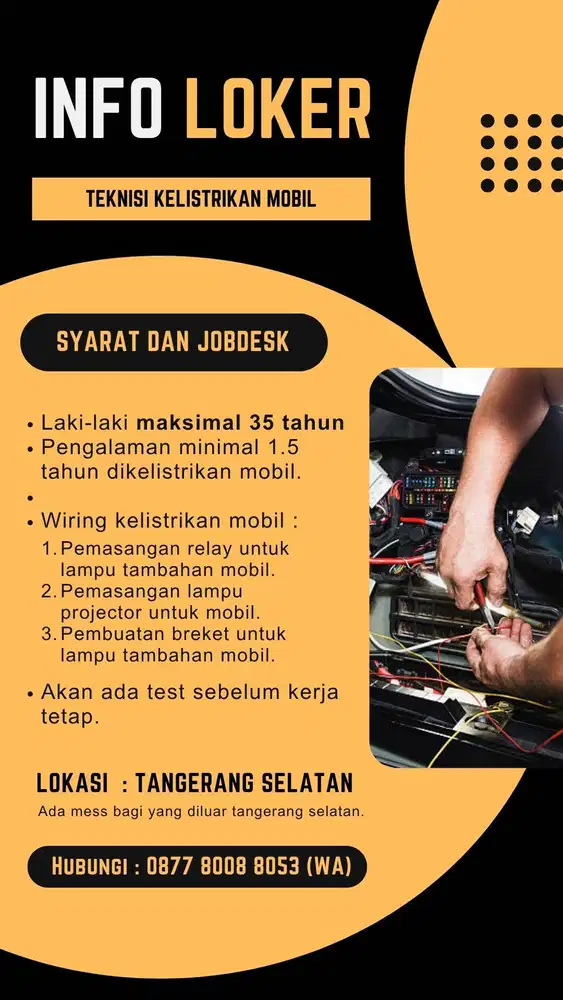 LOWONGAN KERJA MEKANIK MOBIL KELISTRIKAN MOBIL