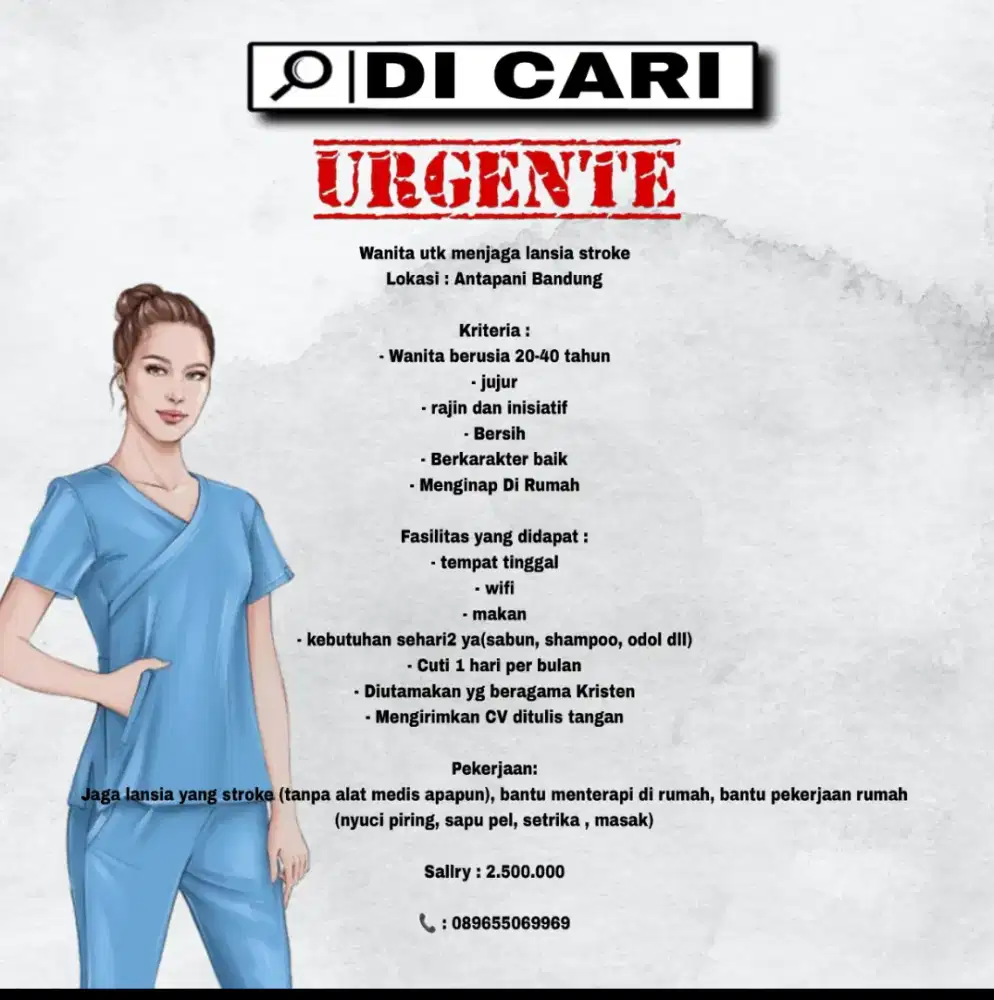 URGENT Langsung Kerja + Dibutuhkan Wanita u/ Urus pasien Stroke + ART