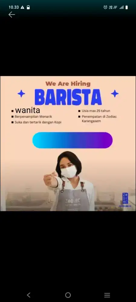 Loker BARISTA WANITA di ZODIAC KARANGASEM