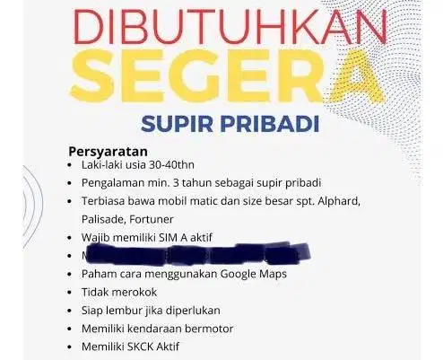 DICARI SUPIR PRIBADI JAKARTA BARAT