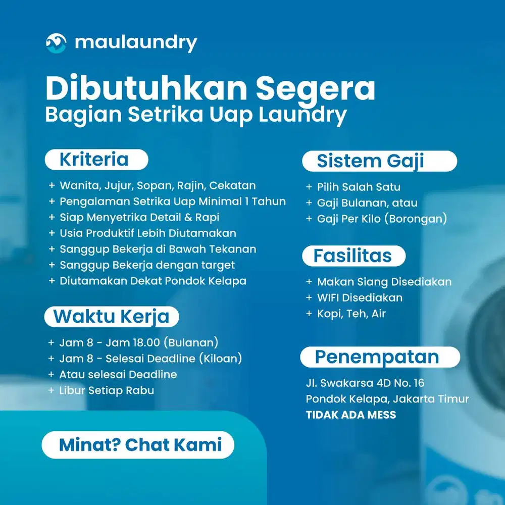 Lowongan Kerja (Loker) Laundry - Cuci atau Setrika Uap - Pondok Kelapa