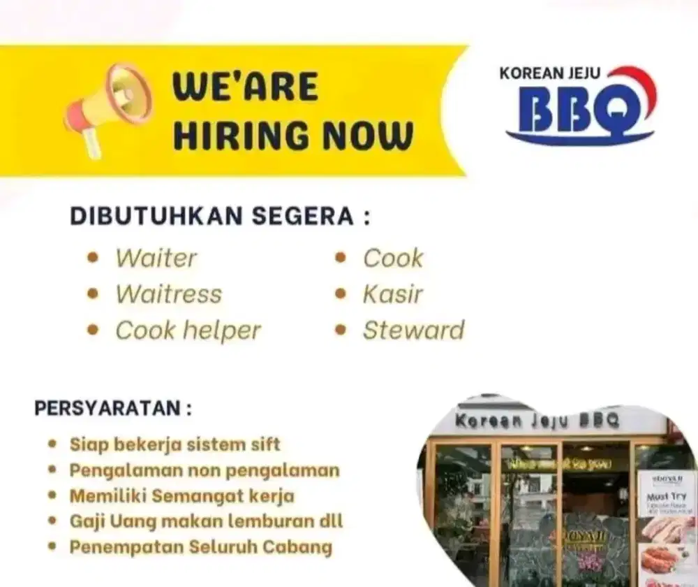 Dibutuhkan waiter waitress cliening servis Steward cook