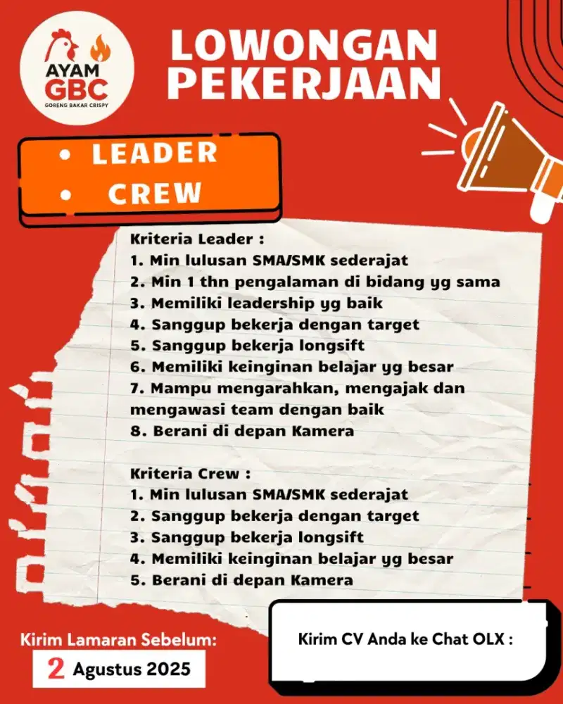 Lowongan kerja leader dan crew ciledug tangerang