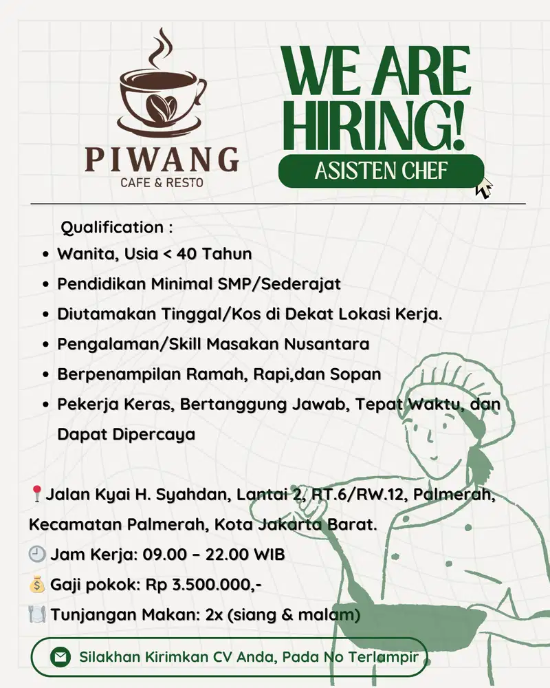 Kesempatan Kerja Asisten Chef (Wanita)