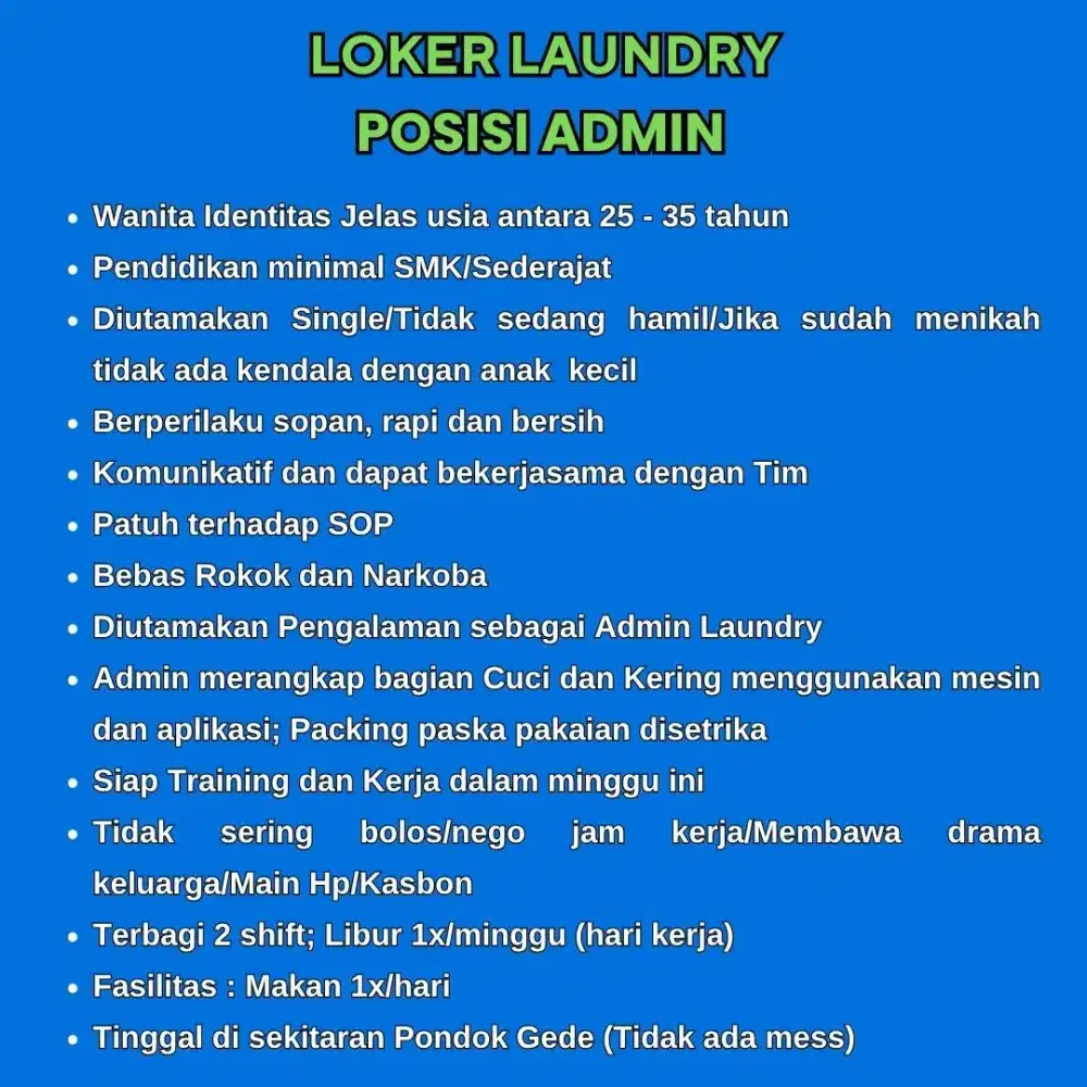 Admin Staff Cuci Lipat Packing Laundry