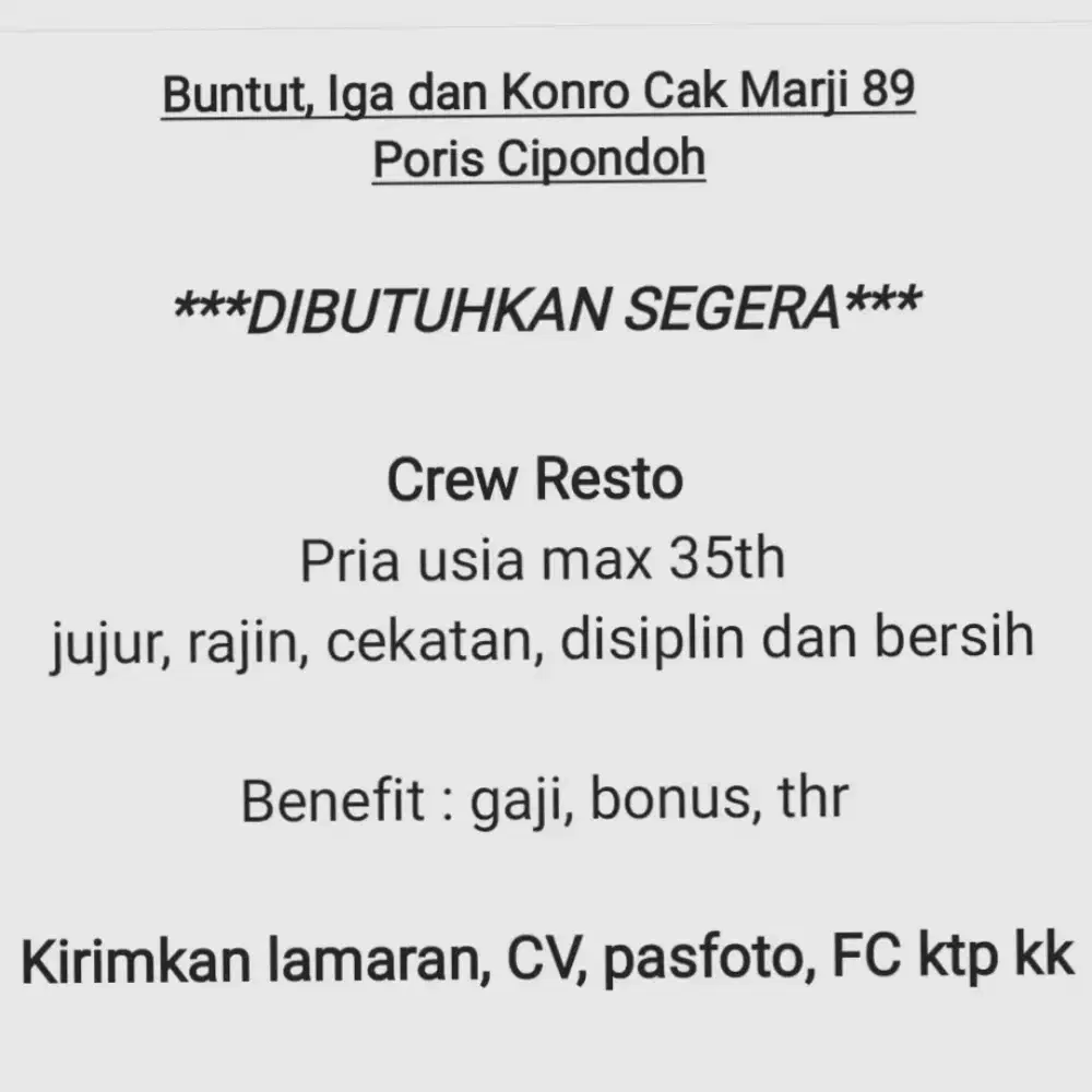 Lowongan Kerja Crew Resto Rumah Makan Poris Cipondoh Tangerang