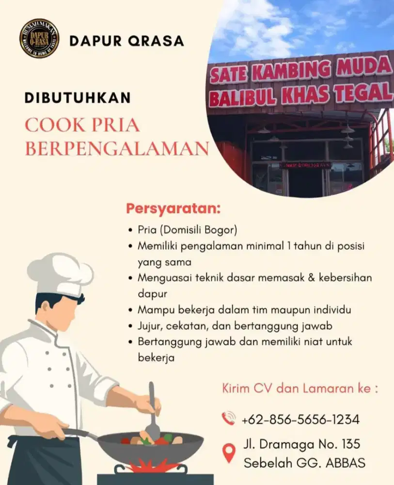 Lowongan kerja COOK (PRIA) DOMISILI BOGOR