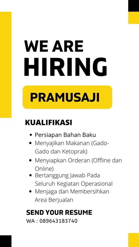 LOKER, dibutuhkan pramusaji gado gado dan ketoprak