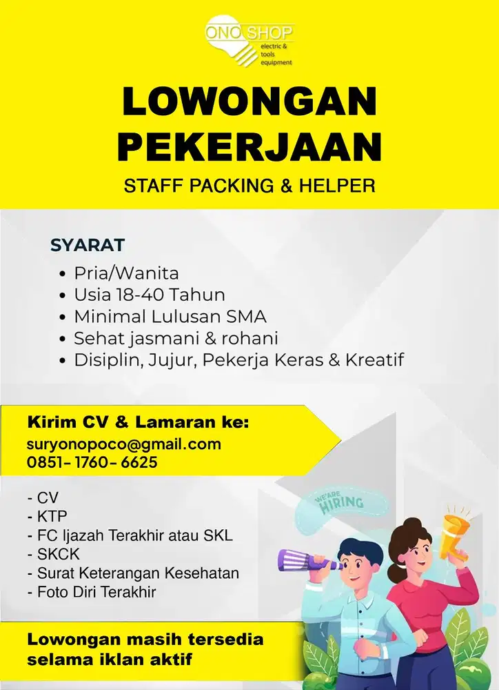 Lowongan Staf Packing & Helper Online Shop - Toko Alat Tehnik