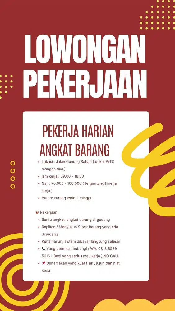 Lowongan Pekerja Harian - Angkat Barang