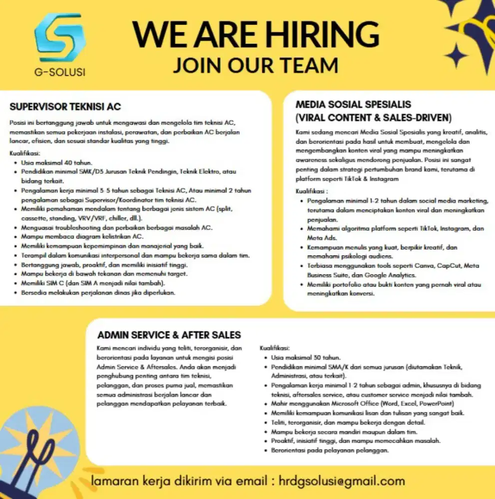 LOWONGAN KERJA STAF ADMIN, TEKNISI, CONTEN CREATOR