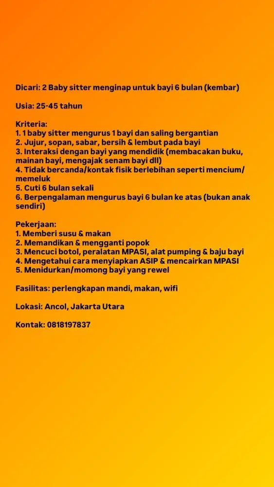 Dicari 2 baby sitter untuk bayi kembar 6 bulan