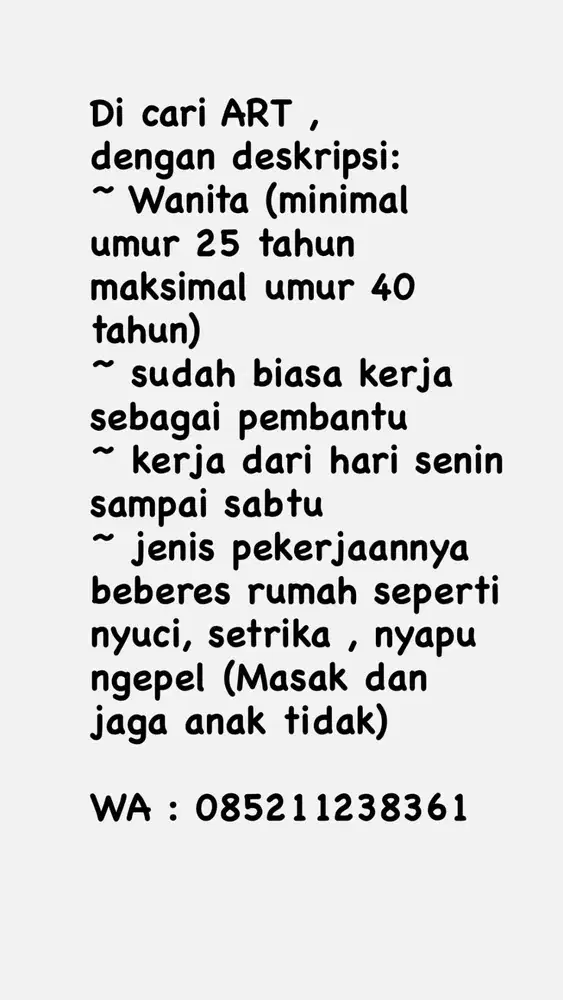 Dicari ART/pembantu Pulang Pergi