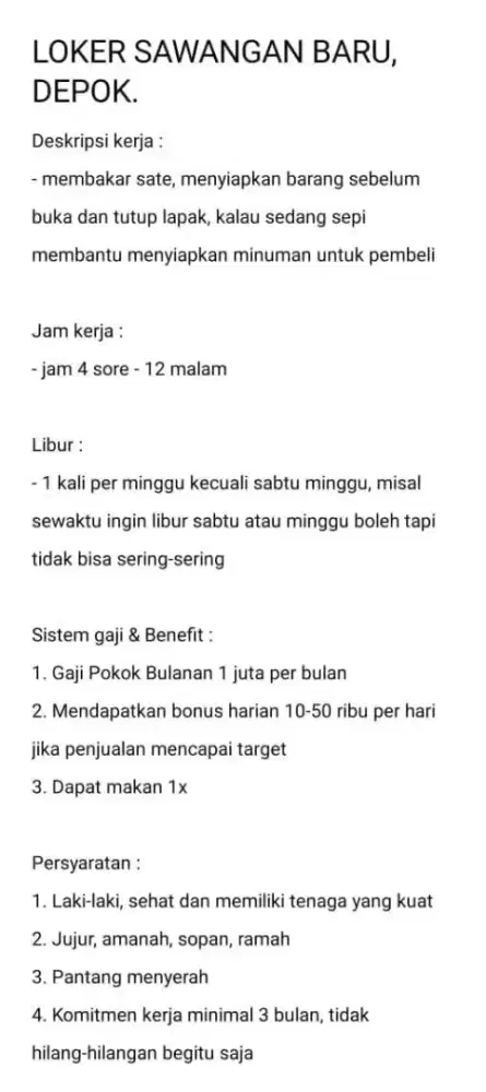 Lowongan Pekerjaan Karyawan Warung Sate Taichan