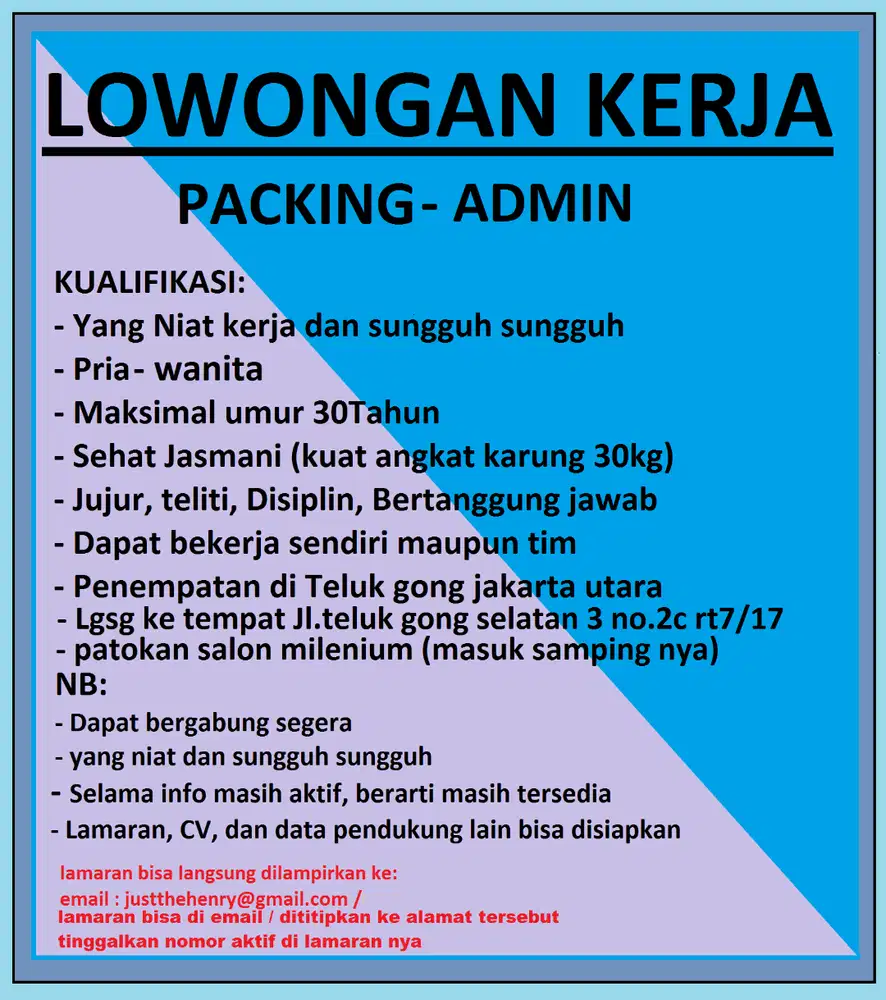 dibutuhkan segara packing paket admin teluk gong jakut