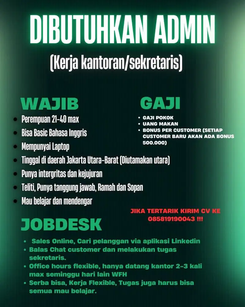 DICARI ADMIN/SEKRETARIS