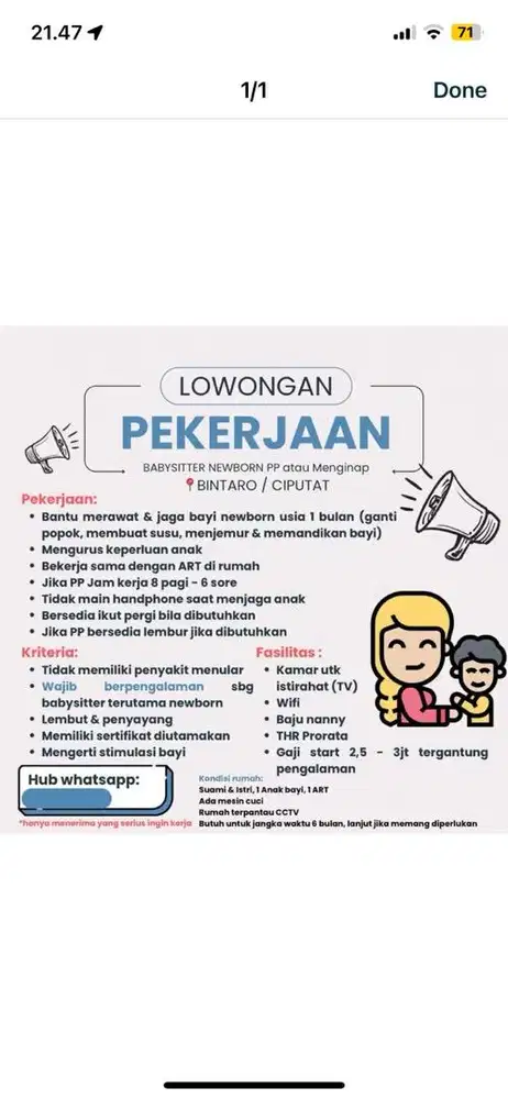 DICARI!! BABYSITTER MENGINAP UNTUK URUS NEWBORN