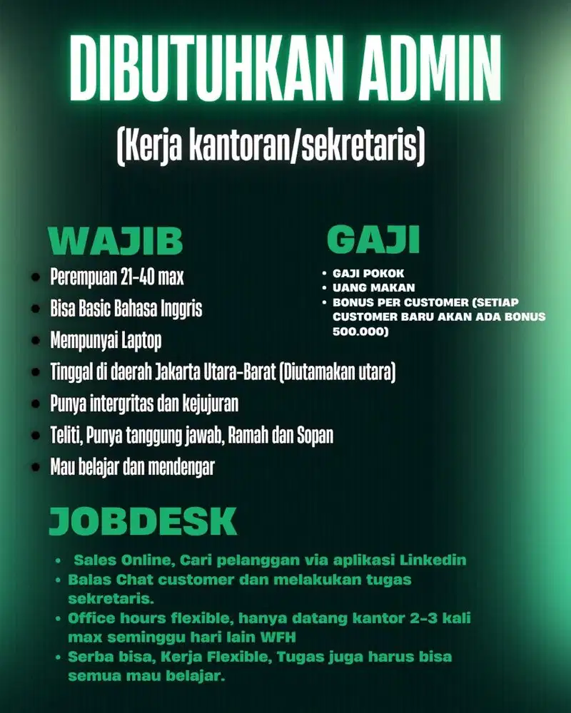 DICARI ADMIN KERJA SANGAT FLEXIBLE