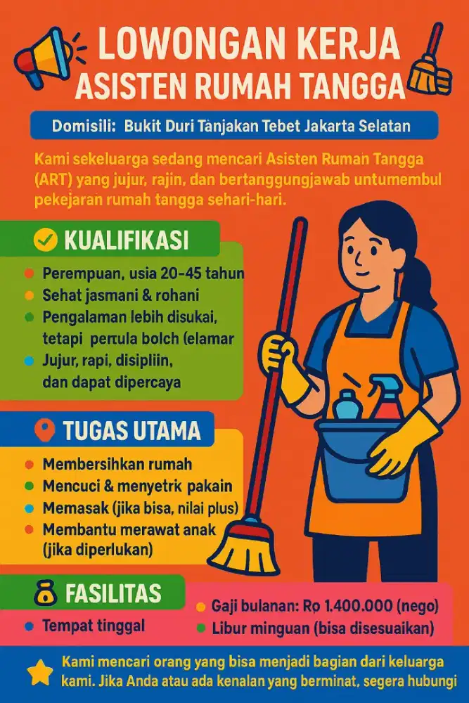 LOWONGAN KERJA ASISTEN RUMAH TANGGA