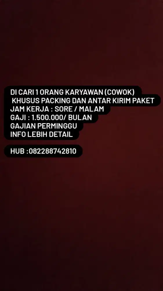 Di cari karyawan packing and antar paket