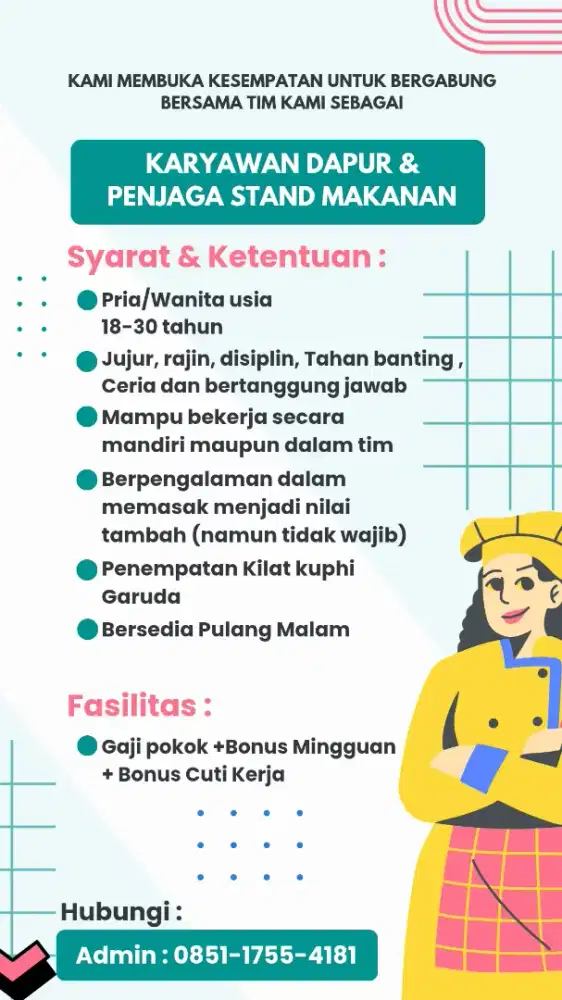 DICARI KARYAWAN DAPUR & PENJAGA STAND MAKANAN