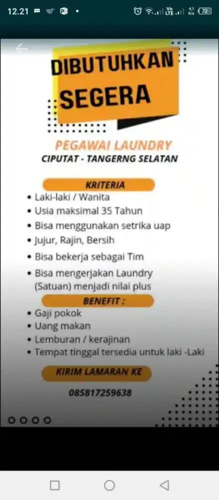 Pegawai Laundry (Sudah ada pengalaman)