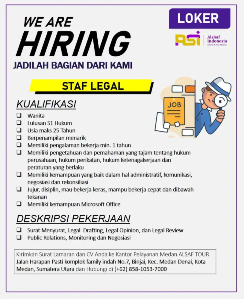 Lowongan Kerja khusus wanita lulusan s1 hukum