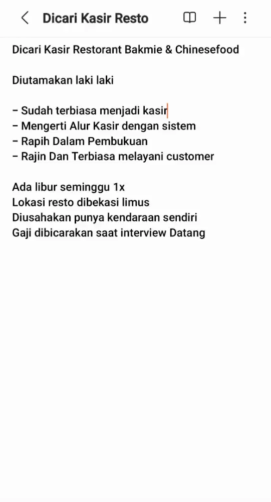 Dicari Kasir Resto