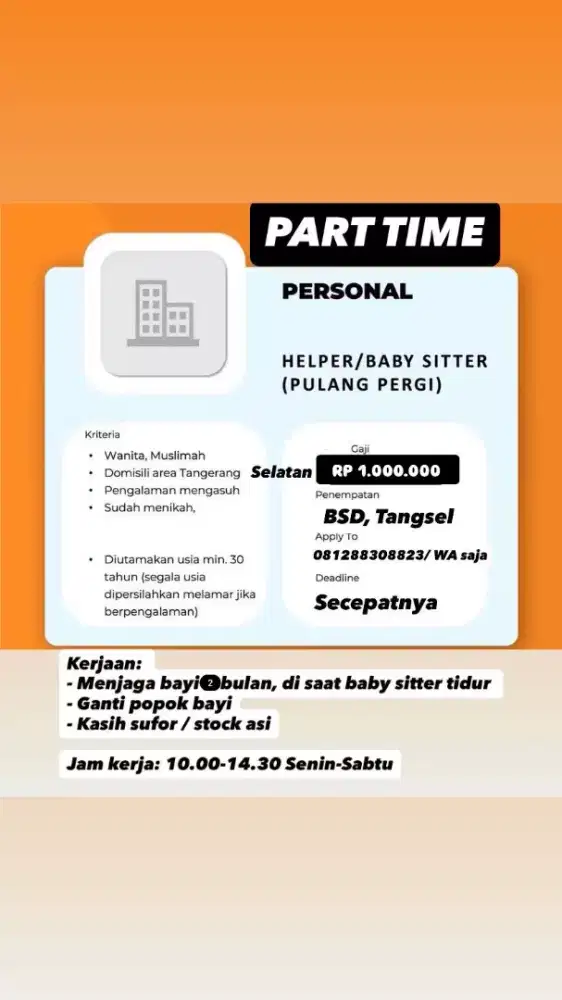 dibutuhkan baby sitter helper bayi 2 bulan tangsel tangerang selatan