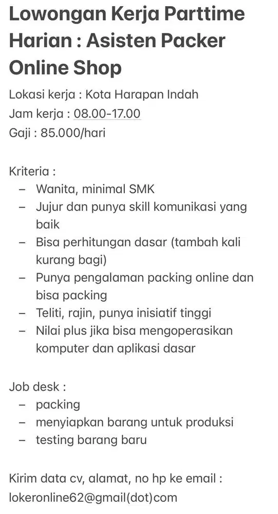 Lowongan Kerja Parttime Harian : Online Shop