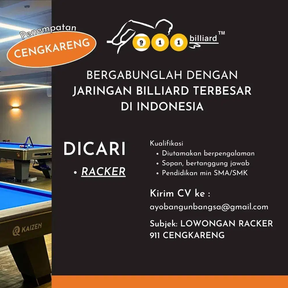 Lowongan kerja RACKER Billiard cabang Cengkareng