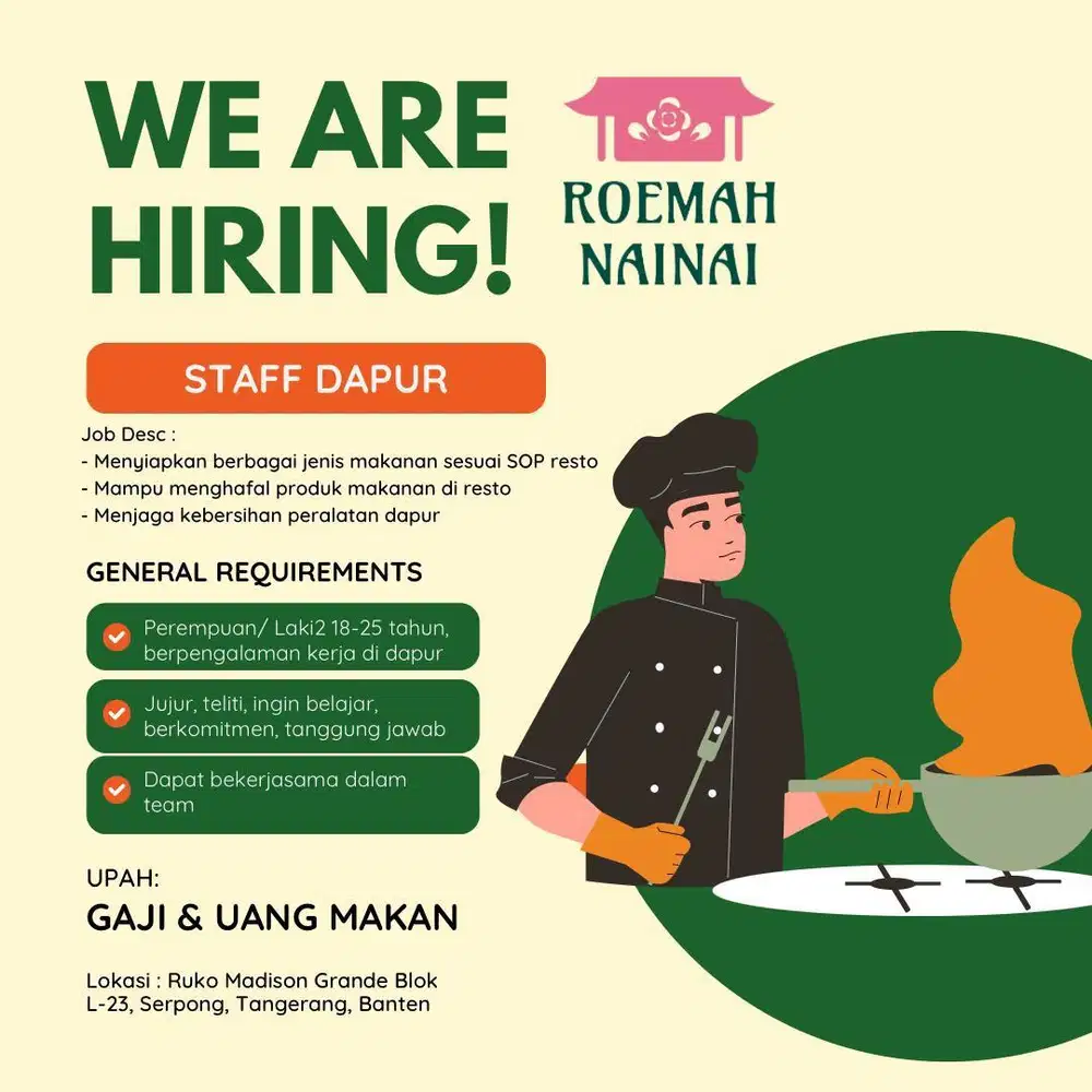 LOWONGAN KERJA UNTUK STAFF DAPUR, PENGALAMAN KERJA CHINESE FOOD