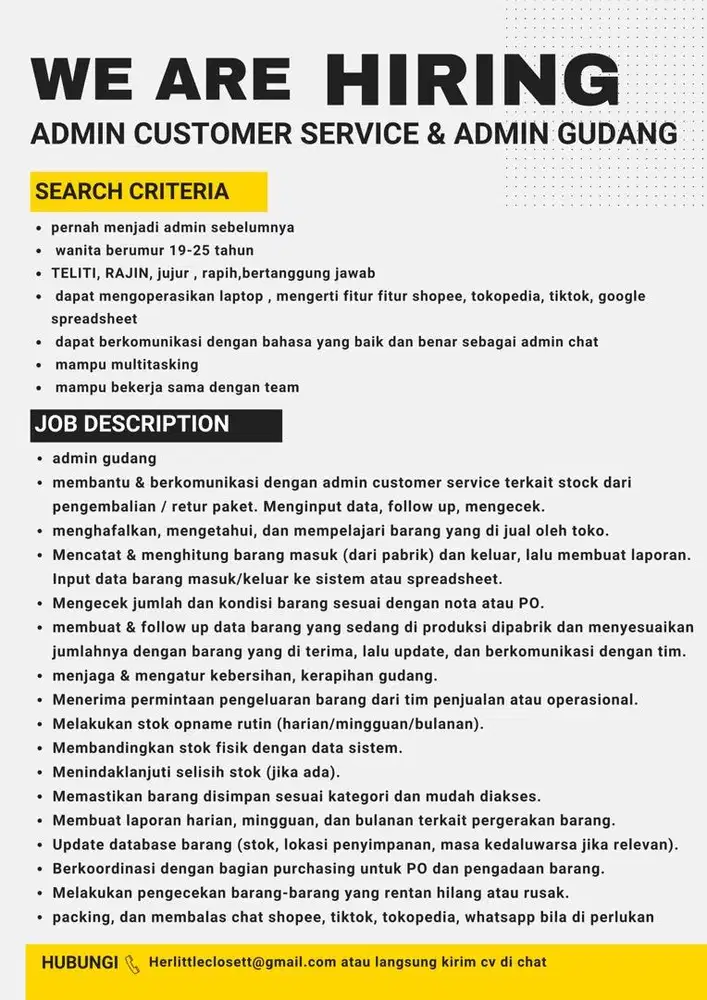 DI CARI ADMIN & ADMIN GUDANG (LANGSUNG KIRIM CV KE CHAT)