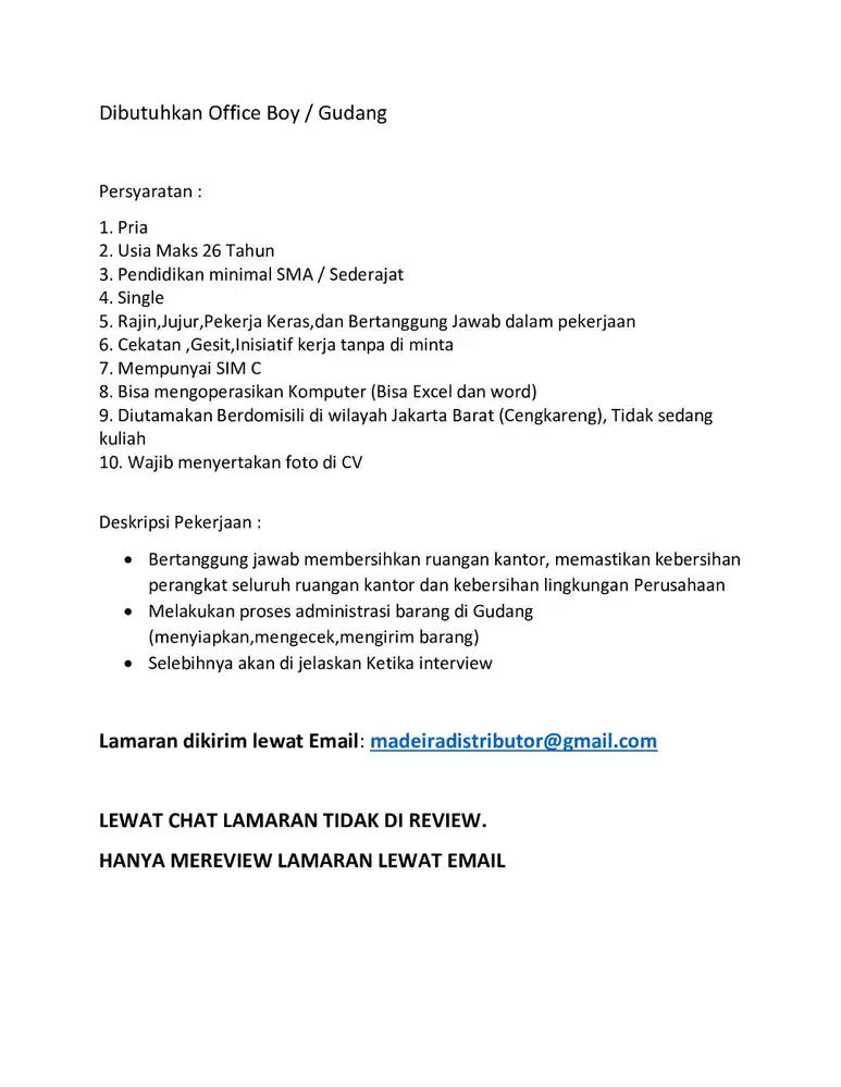 DI BUTUHKAN OFFICE BOY/GUDANG