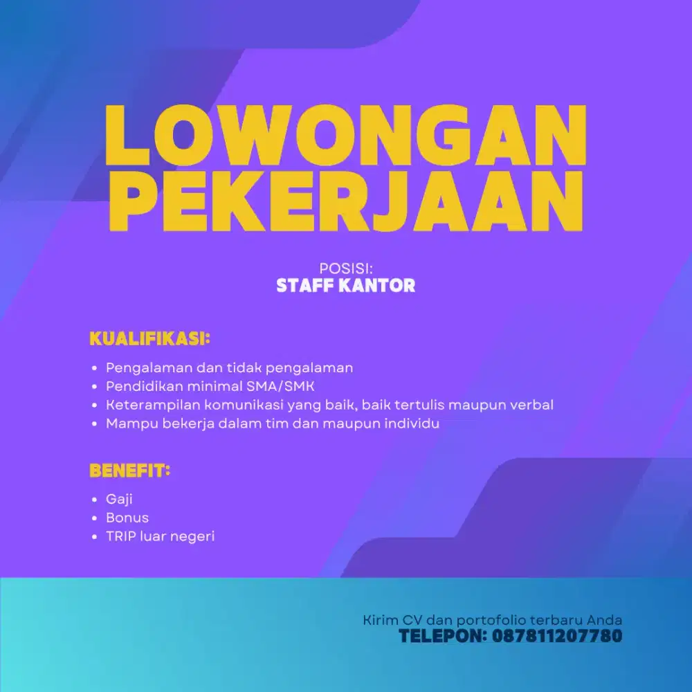 Di buka lowongan kerja bagian staff